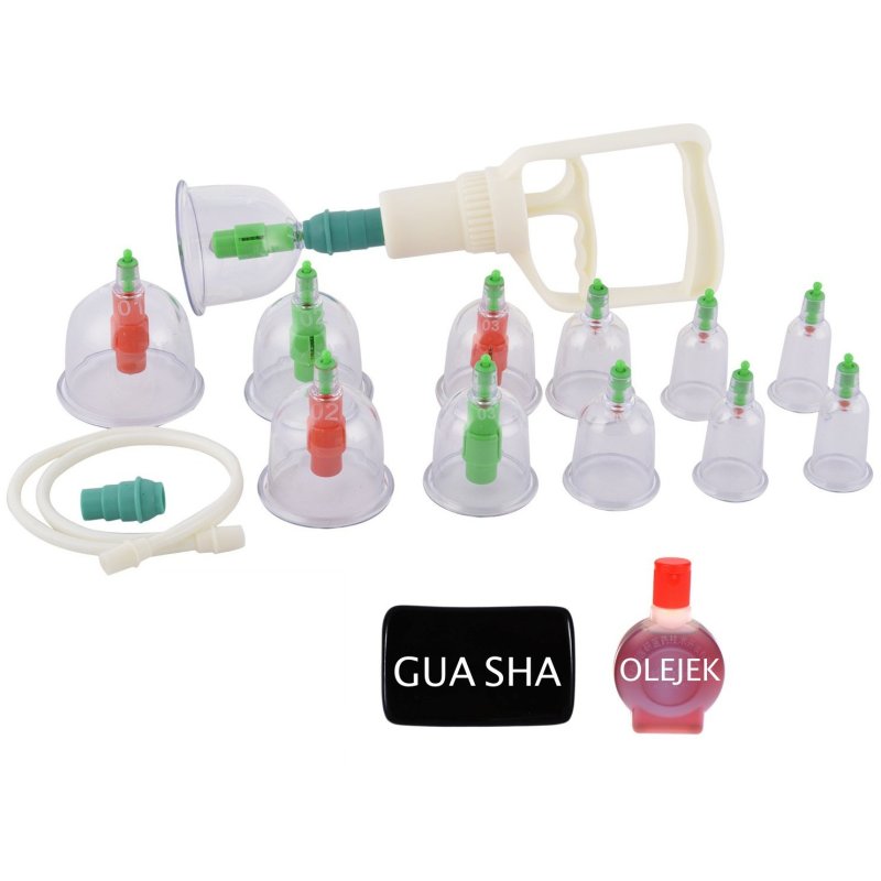 Vacuum cups with pump 12 pcs. + FREE gua sha, oil + massage brush