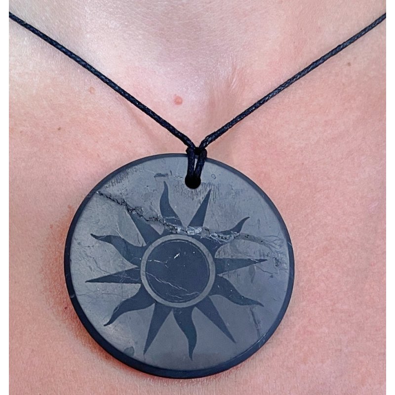 SHUNGITE pendant Black sun, round, engraved, 50 mm